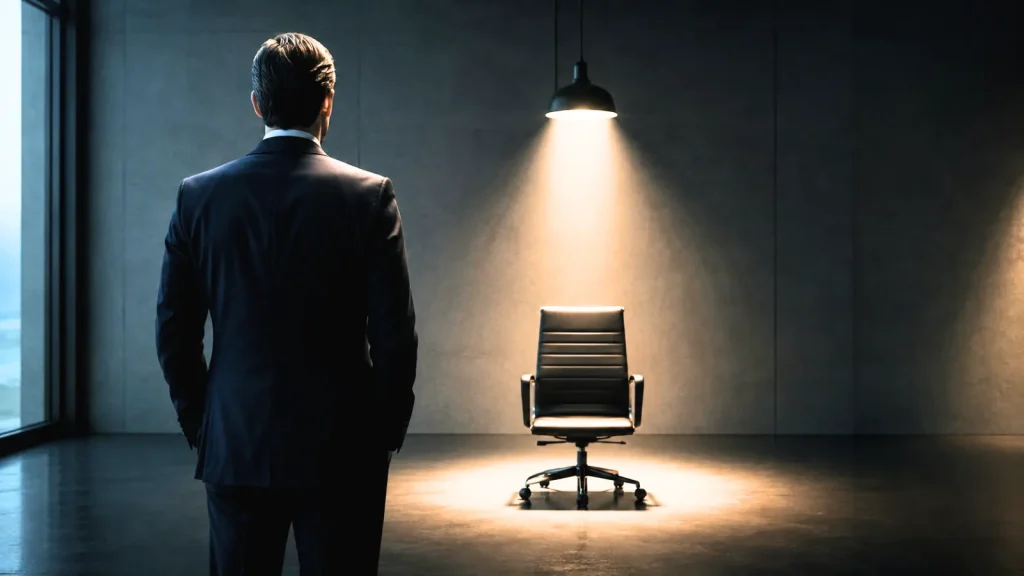 Un dirigeant de dos face à une chaise vide, se demande s'il doit recruter pour remplacer un salarié en absence longue durée, ou encore attendre.