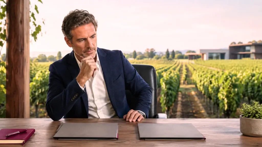 Un dirigeant hésite en pensant "Je dois arbitrer entre deux gros investissements.". il a deux dossiers sur son bureau, des vignes en arriere plan.