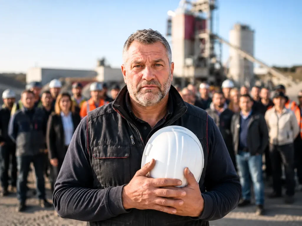 Le dirigeant et ses décisions : un pilier de l'économie locale. Pourquoi prendre la bonne décision d'investissement est difficile ? Quand on a une équipe, la pression est là. Un dirigeant avec son casque de chantier, devant ses salariés.