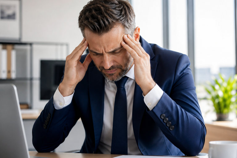 Stress et décision Prendre une décision même sous pression, comment faire ? Le dirigeant se tient la tête, dans son bureau. Il n'arrive pas à décider.