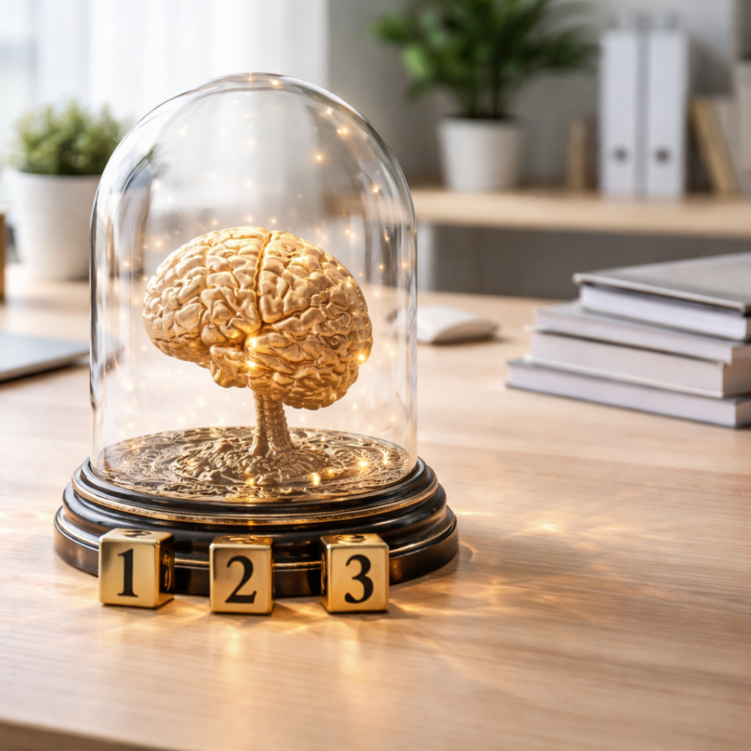 Une séance CLARTE5 permet de clarifier 3 décisions stratégiques, sans fatigue cognitive. Un cerveau sous cloche de verre, dans un bureau.