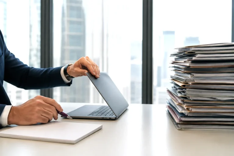 Changer de méthode, pour mieux décider. Un dirigeant ferme son ordinateur face à une pile de dossiers : plus il réfléchit, moins il arrive à décider. Il est temps de changer.