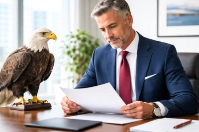 Des stratégies efficaces, même sous pression Science, recherche et stratégie. Quand la prise de décision s'inspire des plus grands. Un dirigeant avec un aigle américain dans son bureau.