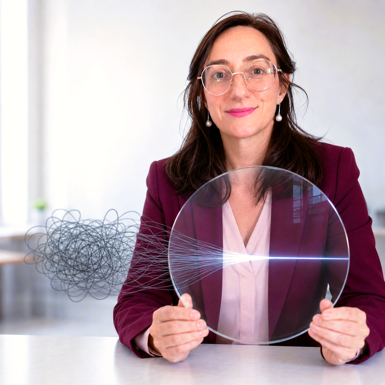 Une transformation Magali Warcollier montre l'effet de la neuroscience sur la décision : un nœud noir devient une ligne claire, à travers une lentille de verre