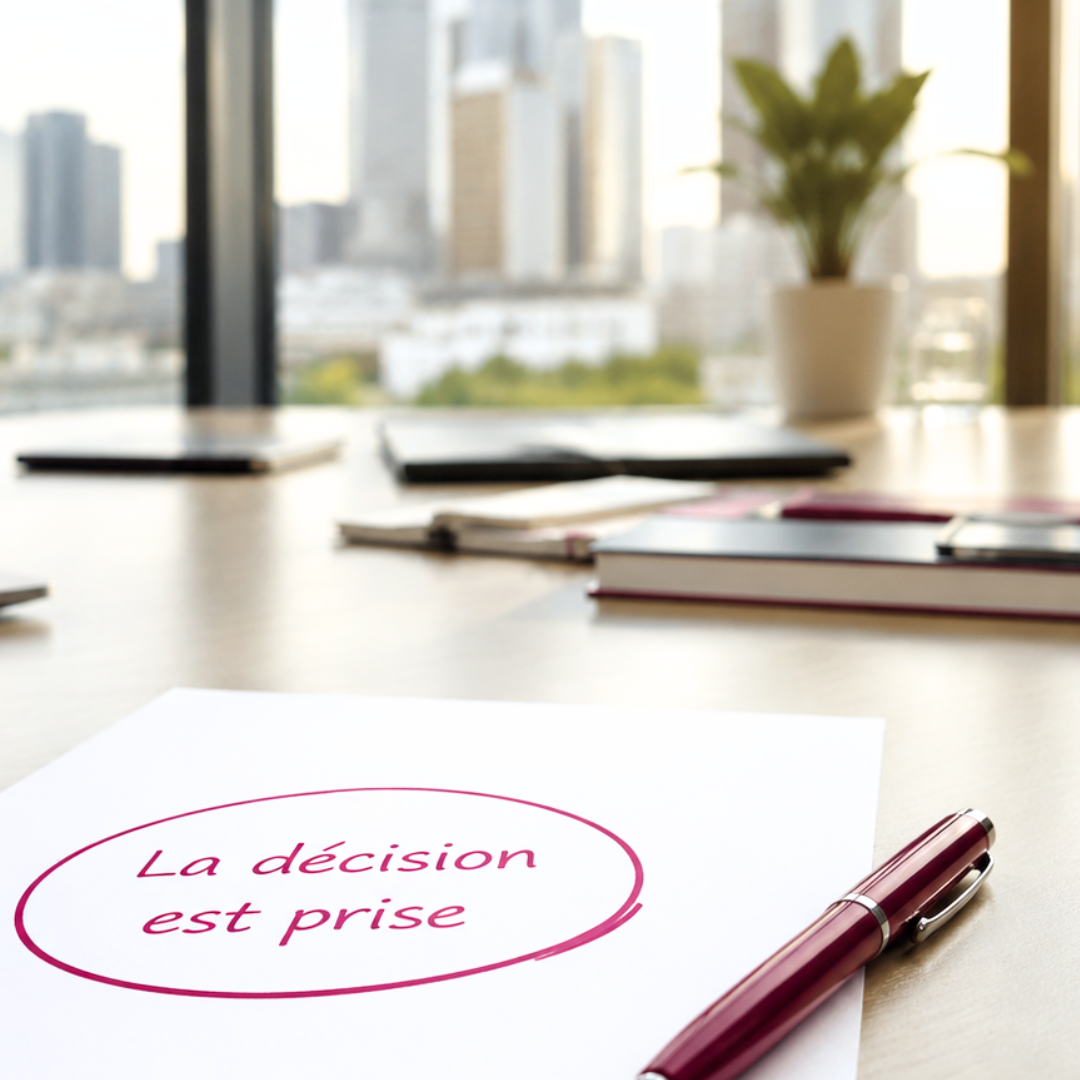 Un bureau de dirigeant avec une feuille, marquée : la décision est prise. Le dirigeant a pris la bonne décision pour son entreprise.