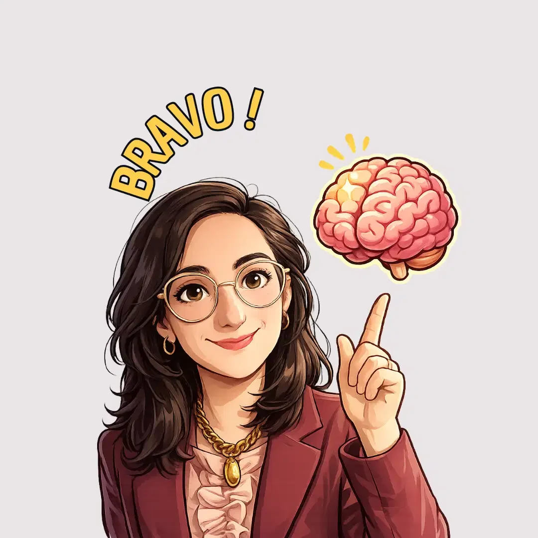 Magali Warcollier dessinée souriante, avec un cerveau, dit Bravo ! Pour remercier de télécharger le guide pédagogique stress et cerveau.