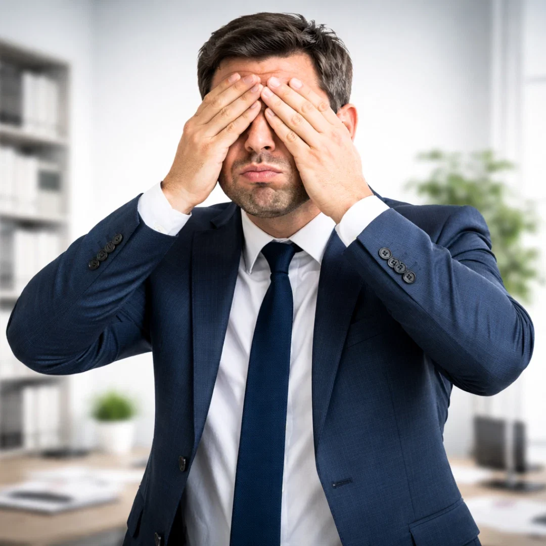 Surcharge et peur décisionnelle. La peur et la surcharge bloquent le dirigeant. Il soupire, les mains sur les yeux, dans son bureau. Il n'arrive plus à décider.