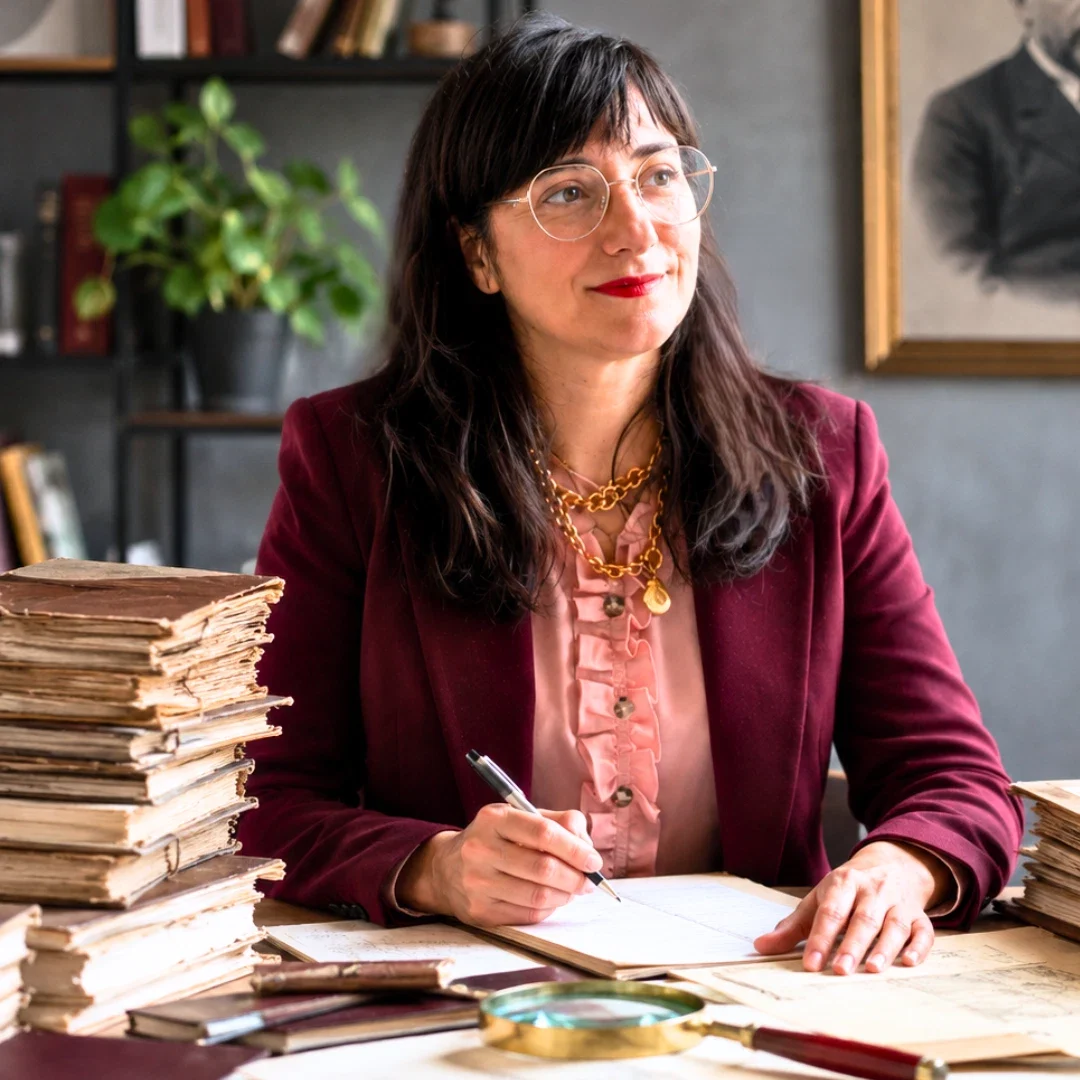Magali Warcollier, à son bureau, avec des recherches anciennes : fondement de sa méthode de prise de décision stratégique pour dirigeants.
