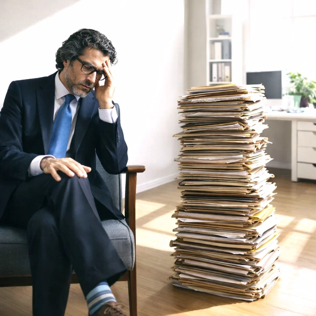 Surcharge et blocage décisionnel Un dirigeant soucieux, accoudé à son fauteuil, à côté d'une pile de dossiers : "pourquoi je n'arrive pas à prendre une décision ? Surcharge