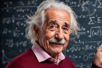 Prendre une décision : quand les grands scientifiques testent des expériences sur nos idées. Einstein souriant devant un tableau noir. 