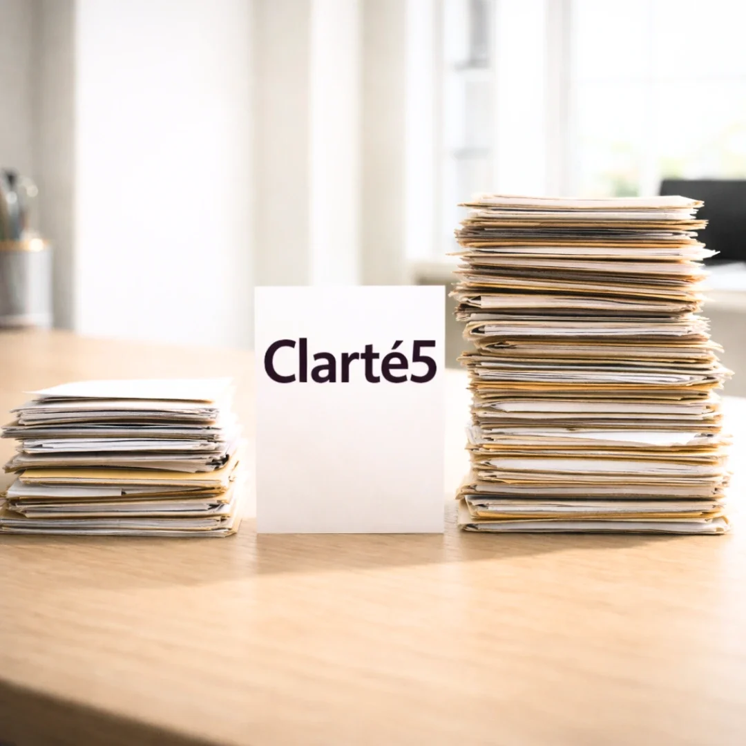 CLARTE5 : des décisions prises facilement. La neuroscience allège le poids des décisions stratégiques. Deux piles de dossiers dans un bureau, un écriteau marqué CLARTE5 au milieu.