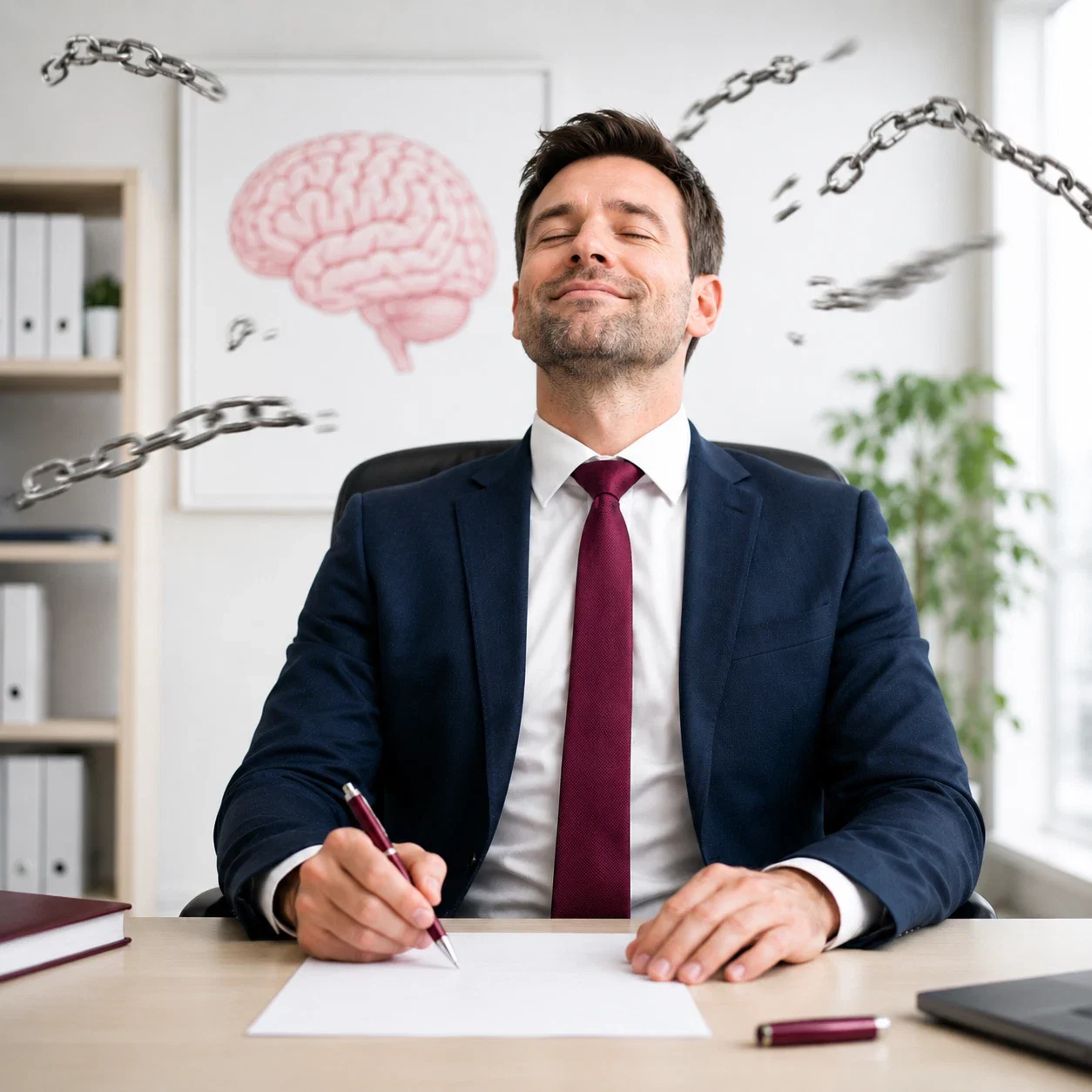 Une décision claire vous libère. Quand l'indécision disparaît. Le dirigeant respire, les chaines volent en éclat. Une image de cerveau au fond de son bureau.