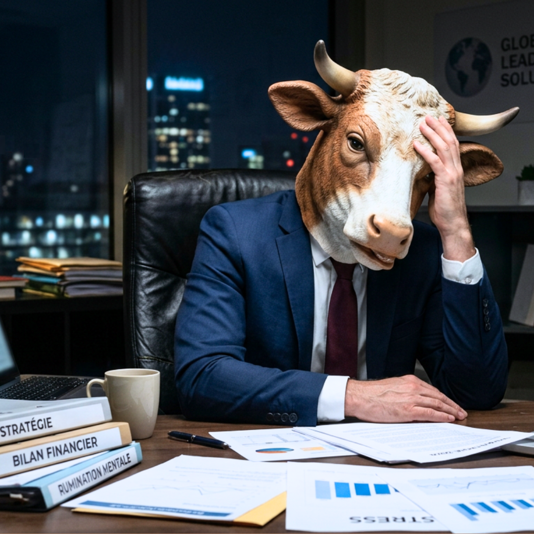 Rumination mentale chez un dirigeant face à une décision complexe.  Dirigeant avec un masque de vache dans son bureau, symbole de rumination