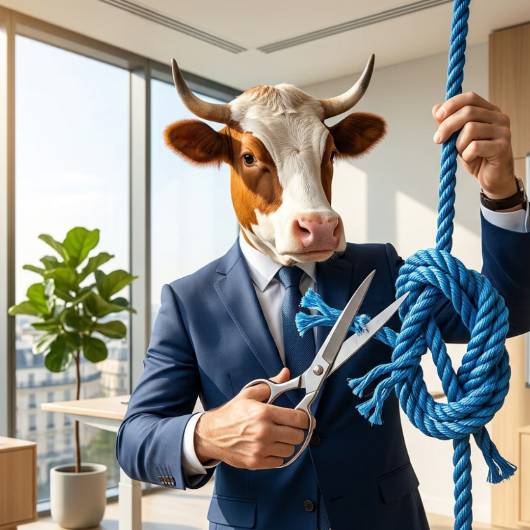 Un traitement pour la rumination mentale? Métaphore de dirigeant avec un masque de vache qui coupe un noeud.