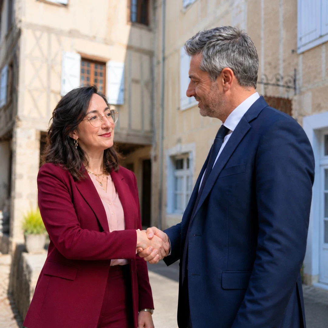 Magali Warcollier serre la main à un dirigeant, devant l'Institut Warcollier. La science des génies, pour prendre la bonne décision.