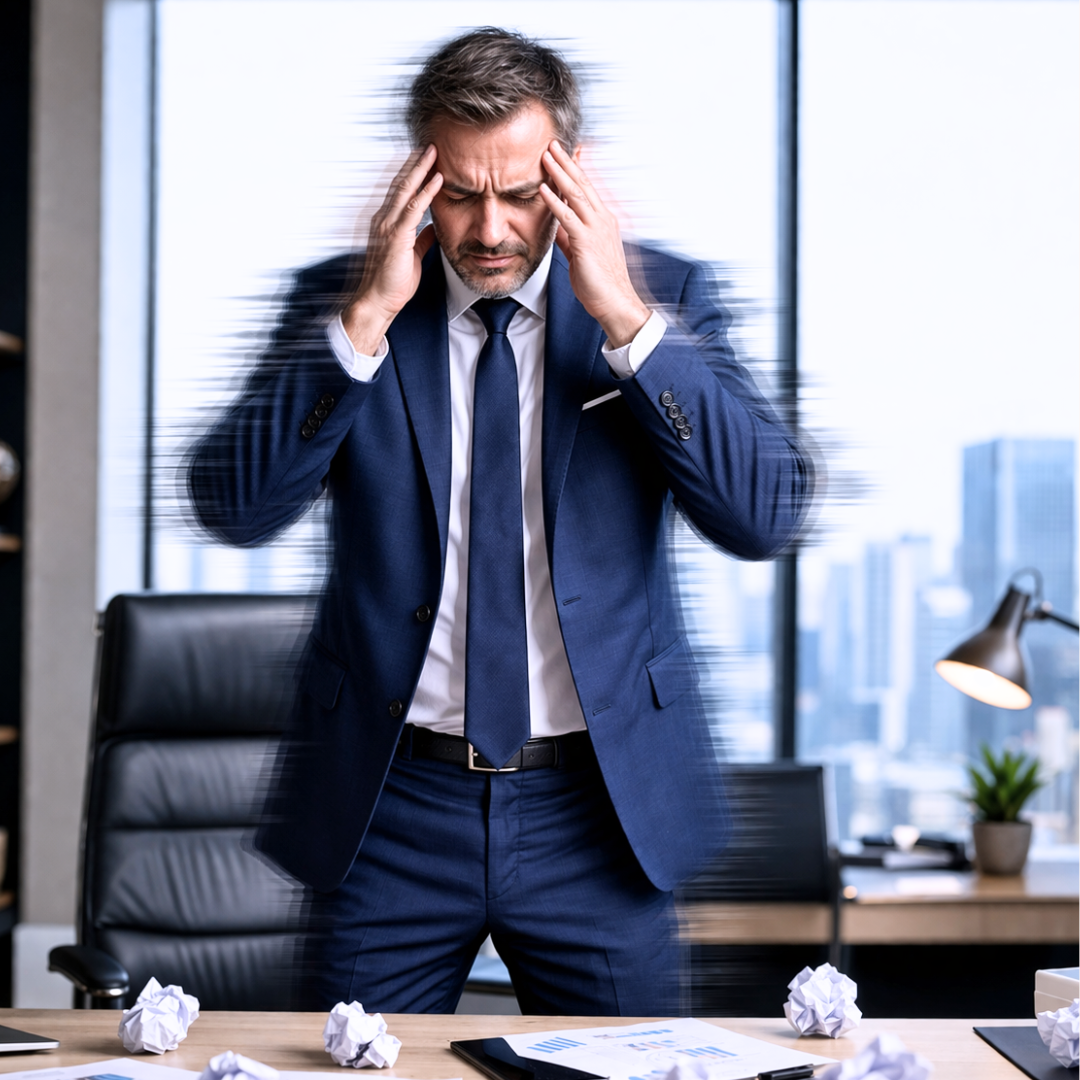 Trop d'informations n'élimine pas le stress. Un dirigeant stressé par trop d'informations, dans son bureau.