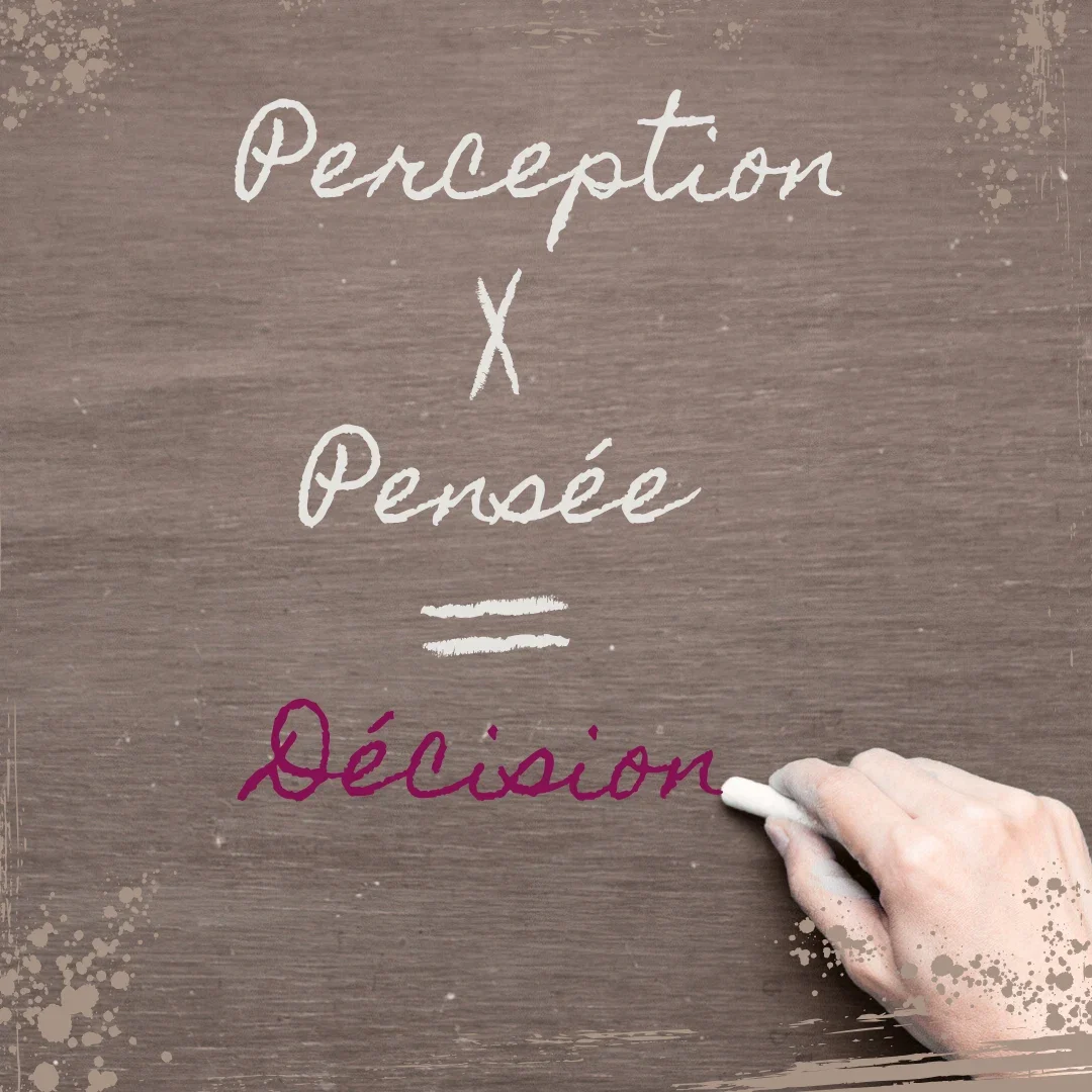 Une main trace à la craie sur un tableau : perception X pensée = décision. Une équation scientifique inspirée des recherches d'Einstein.