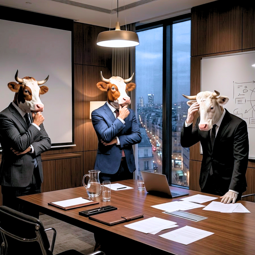 Soumis aux décisions stratégiques, les dirigeants ruminent plus. Métaphore 3 dirigeants avec des masques de vache dans une salle de réunion.