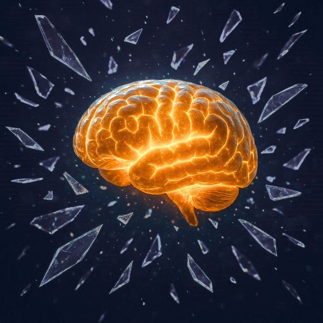 Indécision du dirigeant liée à un conflit cognitif — Méthode Clarté5. Image d'un cerveau lumineux qui casse le verre et qui révèle la clarté