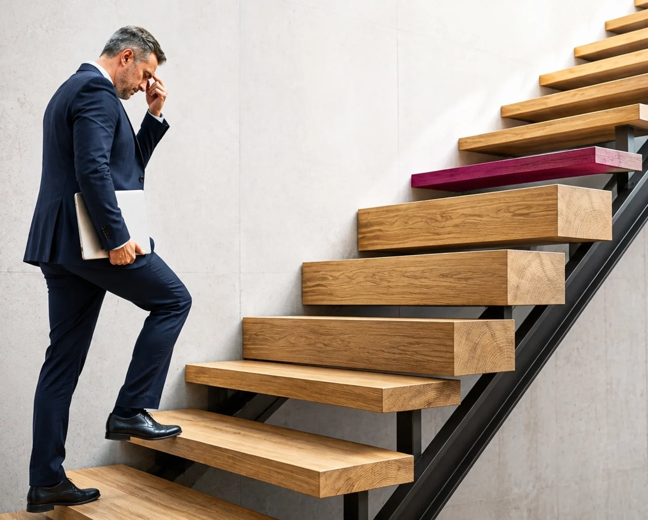 Decision fatigue : un dirigeant monte un escalier dont les marches deviennent plus hautes. Une marche violette pour la solution Warcollier
