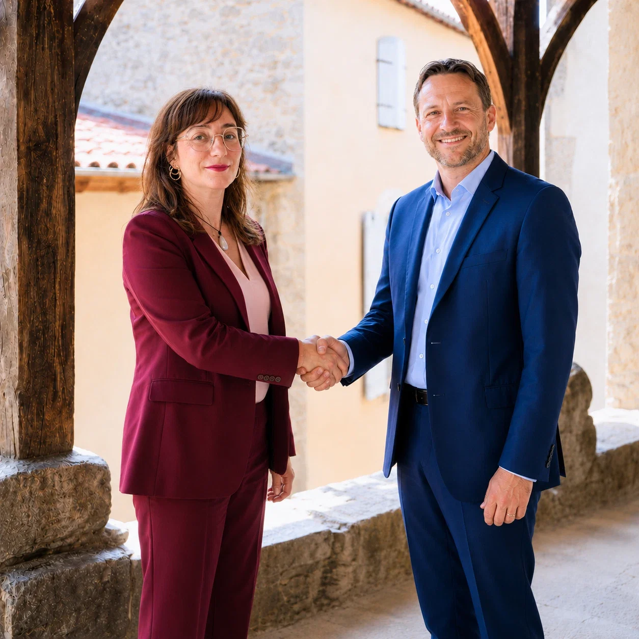 Votre partenariat avec l'Institut Warcollier. Le dirigeant et Magali Warcollier, sparring partner d'entreprise, sous les arcades en bois au 12, rue des Nobles, 09190 Saint-Lizier.