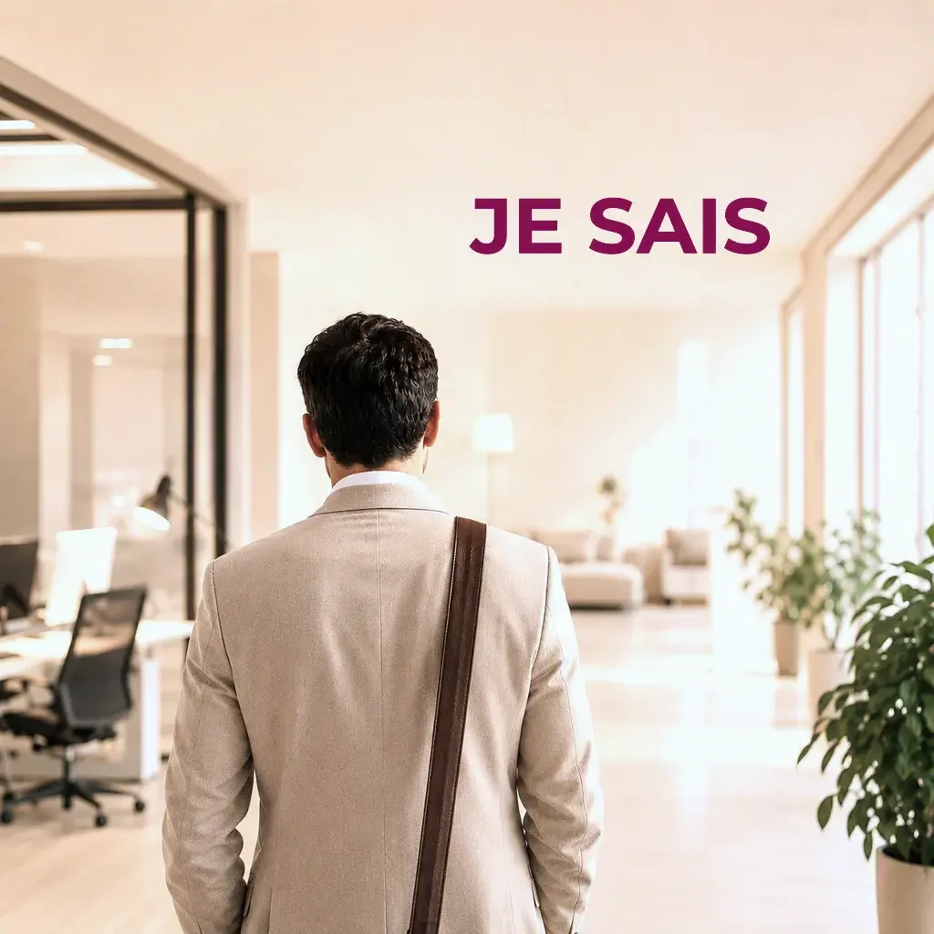 Avec une bonne structure, les décisions complexes se tranchent facilement Le même dirigeant revient à son bureau, "je sais" est écrit au dessus de sa tête. Grace à CLARTE5, il sait comment décider.
