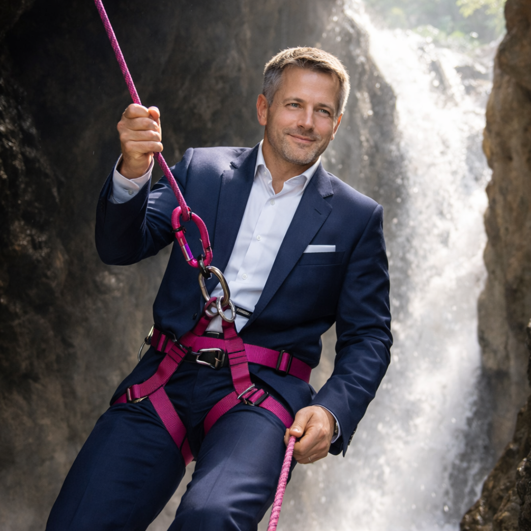 Les situations instables sont dépassées clairement, sans stress. Un dirigeant traverse un canyon en sécurité. Clarté, confiance et avancer.