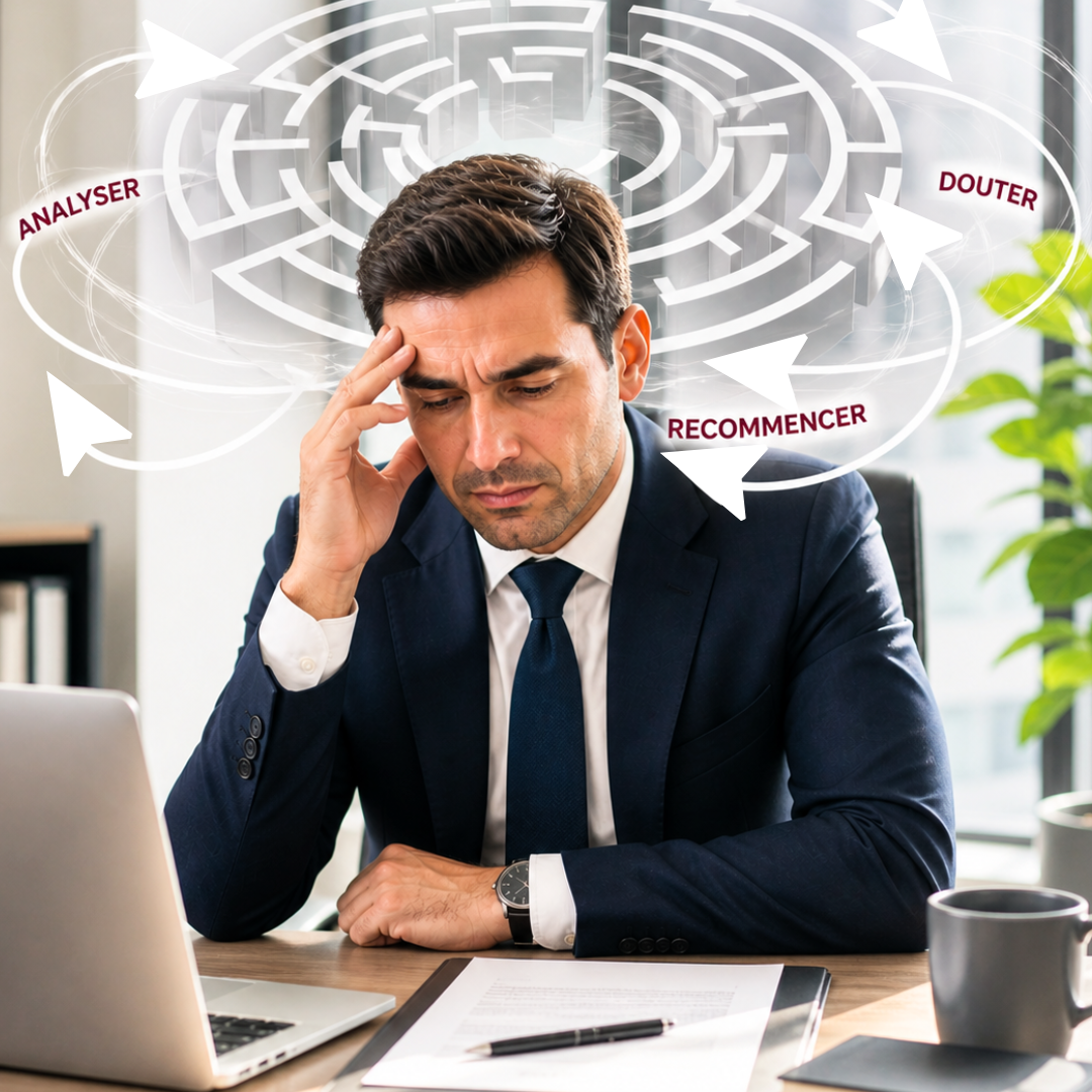 Quand trop d'analyse bloque la décision. La saturation mentale et la paralysie décisionnelle empêchent le dirigeant de faire les bons choix.