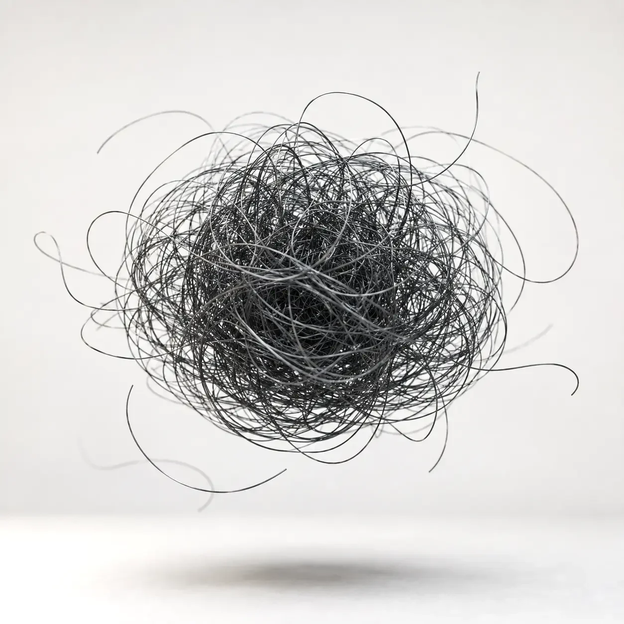 Rumination mentale La rumination mentale, c'est des idées qui tournent en boucle, sans solution. Représentées par un nœud de fils noirs flottants.