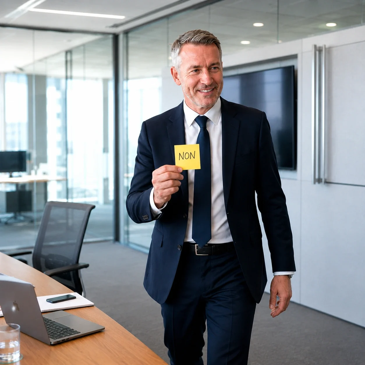 Le dirigeant heureux sort de son bureau avec un post-it marqué "Non". Arbitrer sans repousser, avec la méthode de l'Institut Warcollier 
