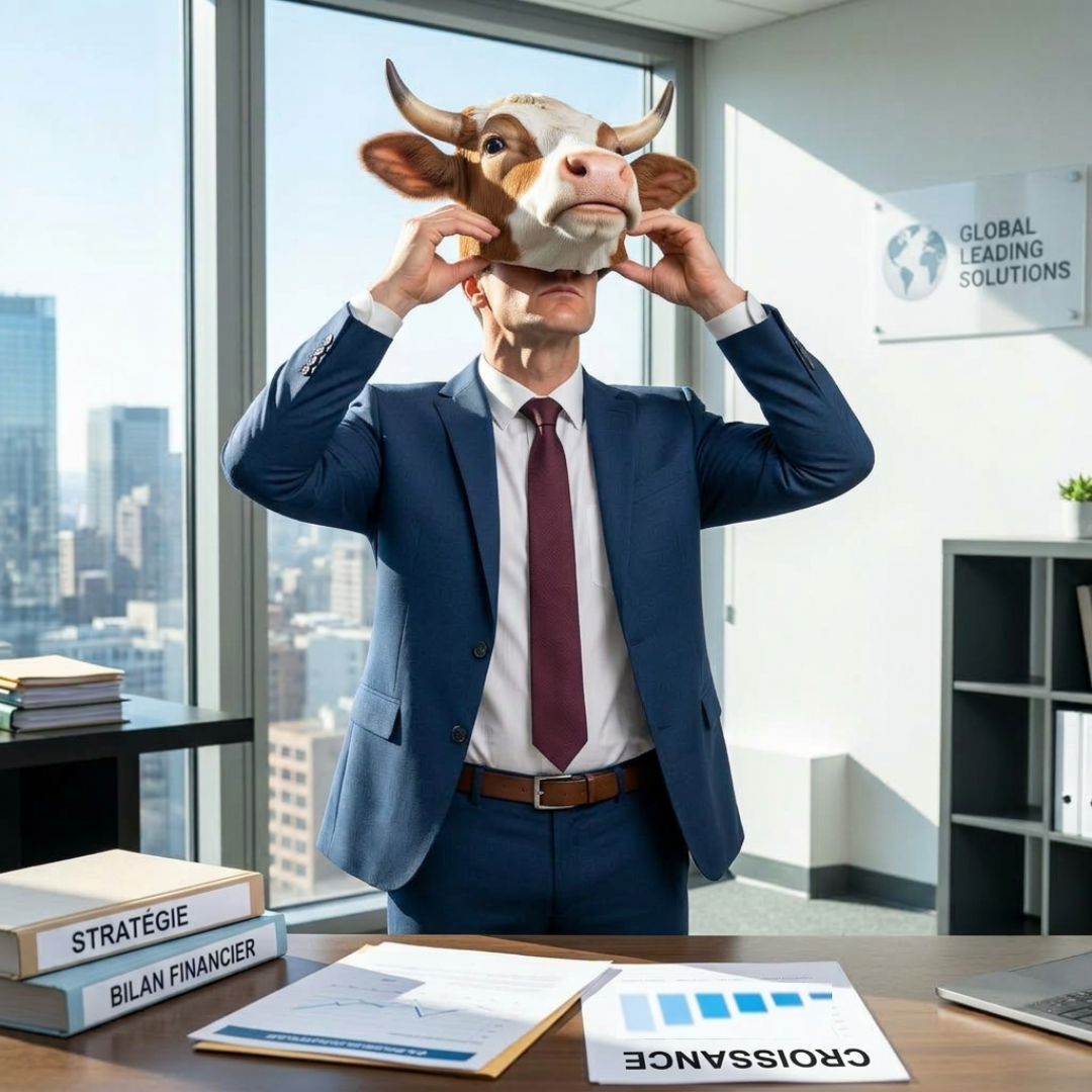 Décidez avec clarté, avec Magali Warcollier et Clarté5. Métaphore du dirigeant éclairé qui enlève son masque de vache car il ne rumine plus.
