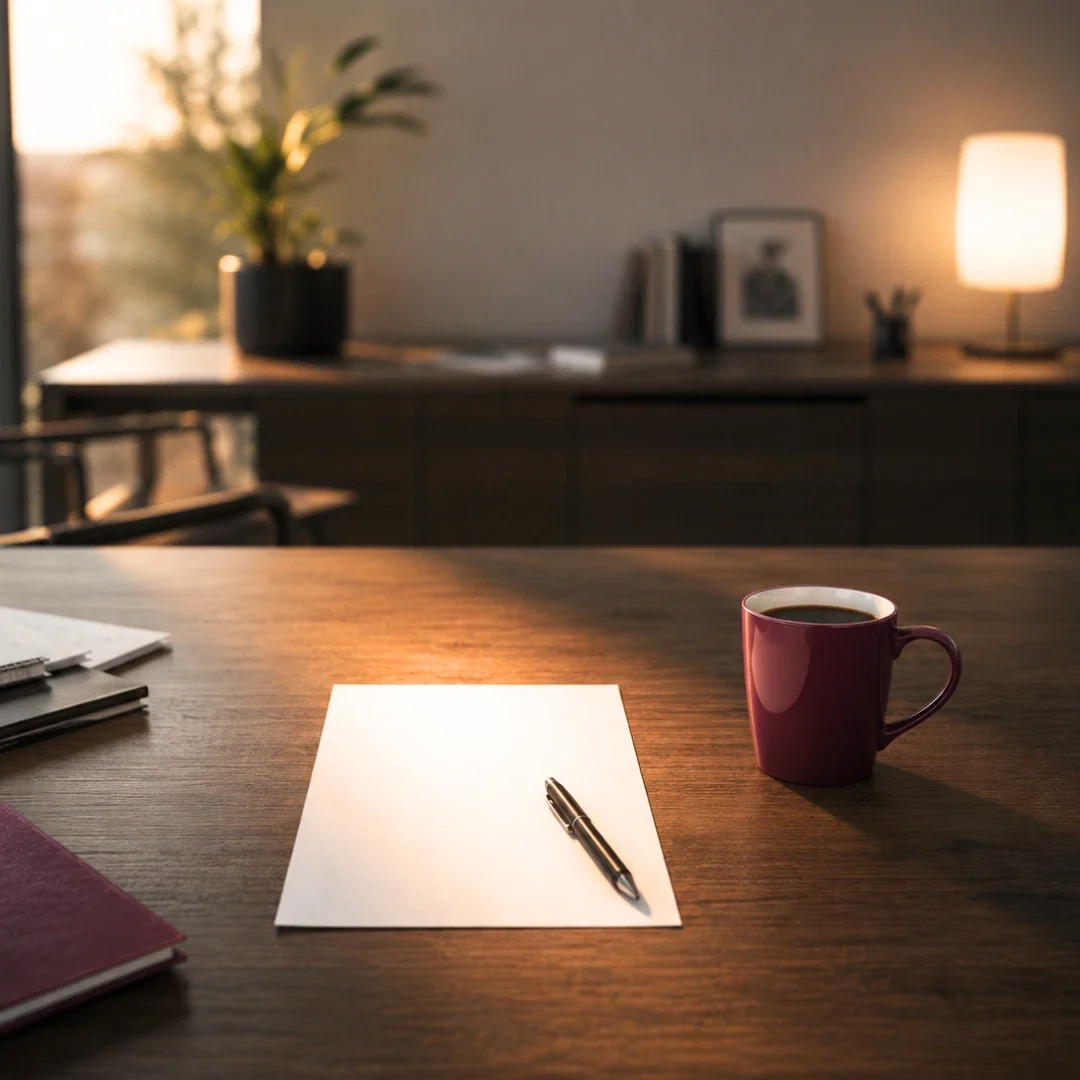 Clarifier les option, affiner sa stratégie, avec l'institut Warcollier. Une feuille éclairée sur un bureau, avec un café et un stylo.