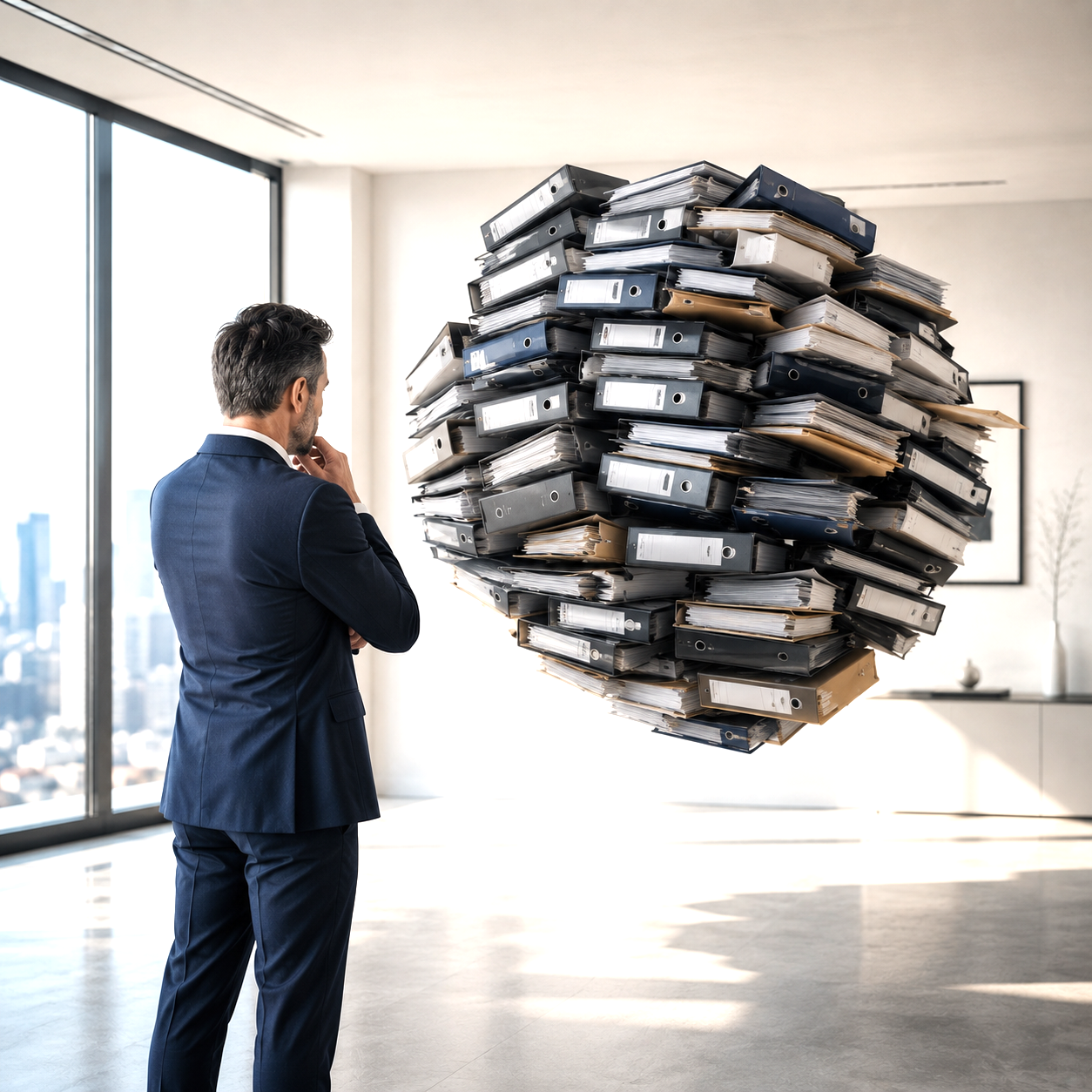 Faire les bons arbitrages. Gérer le stress décisionnel : un dirigeant seul face au poids des enjeux : une sphère de dossiers flottant dans son bureau
