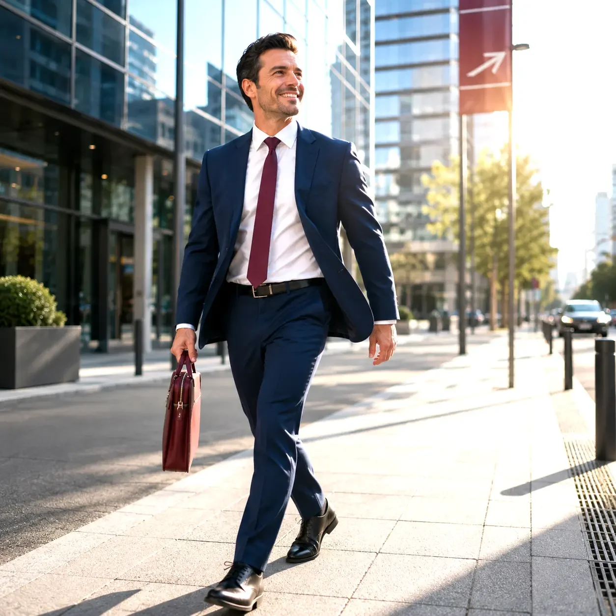 Une solution, vos décisions. Le dirigeant a pris sa décision et peut avancer sereinement. Il marche, souriant, dans le quartier d'affaires. Ambiance ensoleillée.