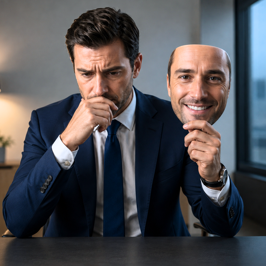 Garder la face. Le dirigeant cache son stress par un masque et fait semblant d'aller bien.