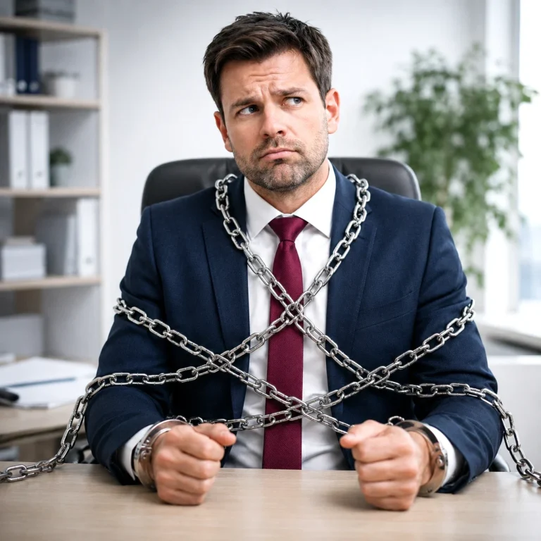 L'indécision entrave l'entrepreneur. L'indécision bloque le dirigeant. Il porte des chaines sur ses épaules, à son bureau.