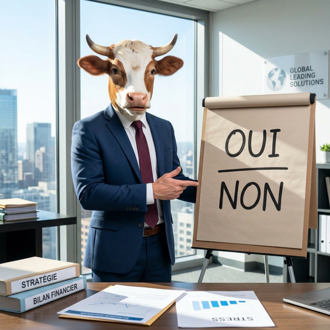 Dirigeants, retrouvez votre clarté mentale et décisionnelle rapidement, avec Clarté5. Métaphore d'un dirigeant - vache devant un paperboard