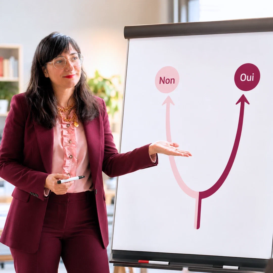 Quelle méthode de prise de décision utiliser ? Magali Warcollier propose CLARTE5, avec les diagrammes de bifurcation, dans un bureau moderne