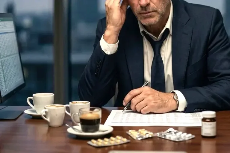 Quand la fatigue empêche de décider... Dirigeant épuisé tard le soir à son bureau face à des tasses de café et des compléments alimentaires, illustrant la fatigue décisionnelle.