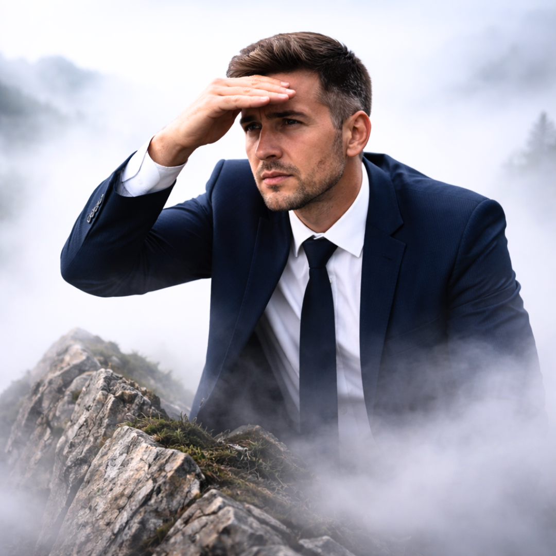 Des méthodes de gestion du stress au travail n'apportent pas de résultat. On avance, toujours stressé. Un dirigeant au sommet dans la brume.