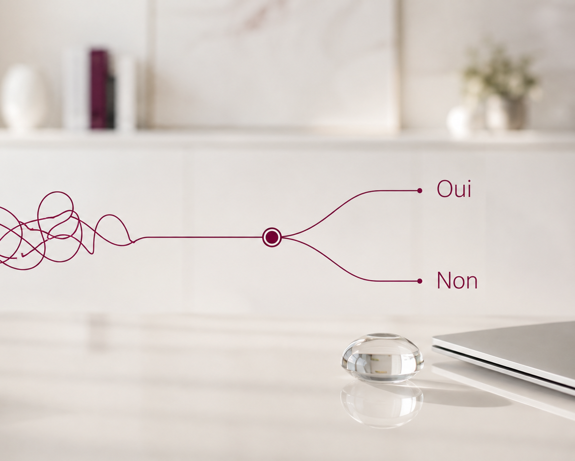 Pour une décision claire : la neuroscience Neuroscience et stratégie d'entreprise : une décision embrouillée, symbolisée par un trait bordeaux, devient claire : c'est oui ou non.