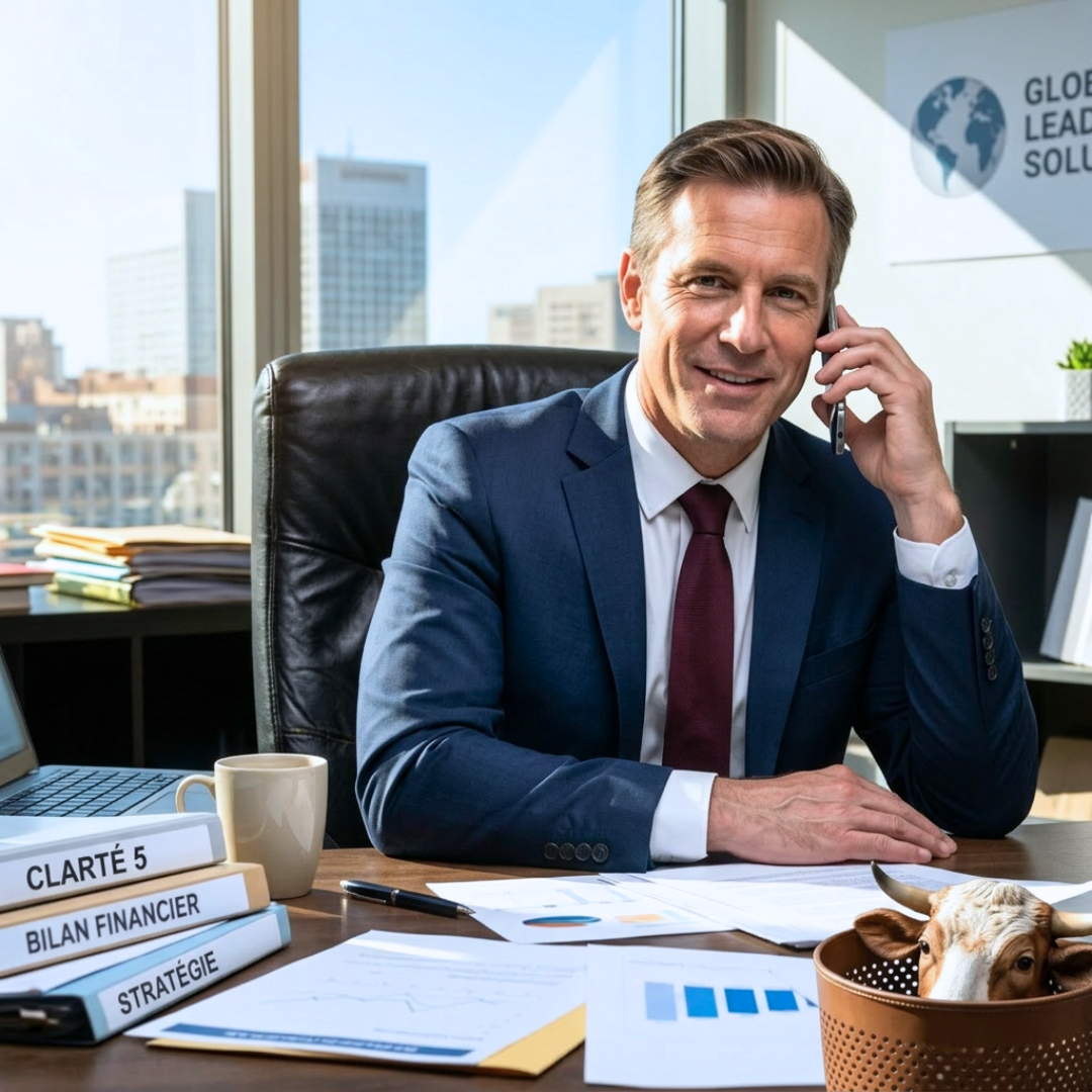 Stop à la rumination mentale. Dirigeants, décidez avec Clarté5. Métaphore : le dirigeant dans son bureau, le masque de vache à la poubelle. 