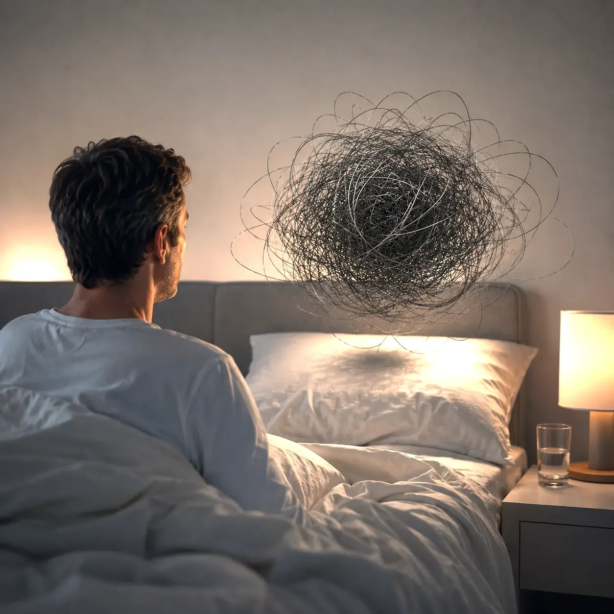 Insomnies... Un homme d'affaires observe une boule noire au dessus de son oreiller. Pensées qui tournent en boucle, insomnies, symbole de la rumination