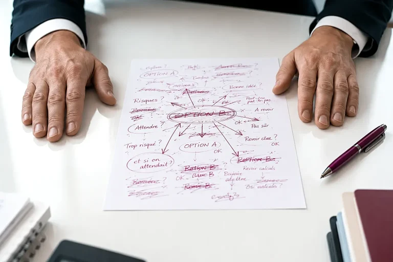 Quand les idées tournent en boucle et bloquent la prise de décision Une feuille avec option A et Option B posée sur le bureau d'un dirigeant. Il y a des rayures partout, il cogite, tourne en rond sans avancer