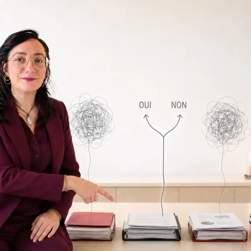 Les décisions complexes deviennent faciles Magali Warcollier aide les dirigeants à sortir de l'indécision, avec des questions fermées oui ou non et des diagrammes de bifurcation