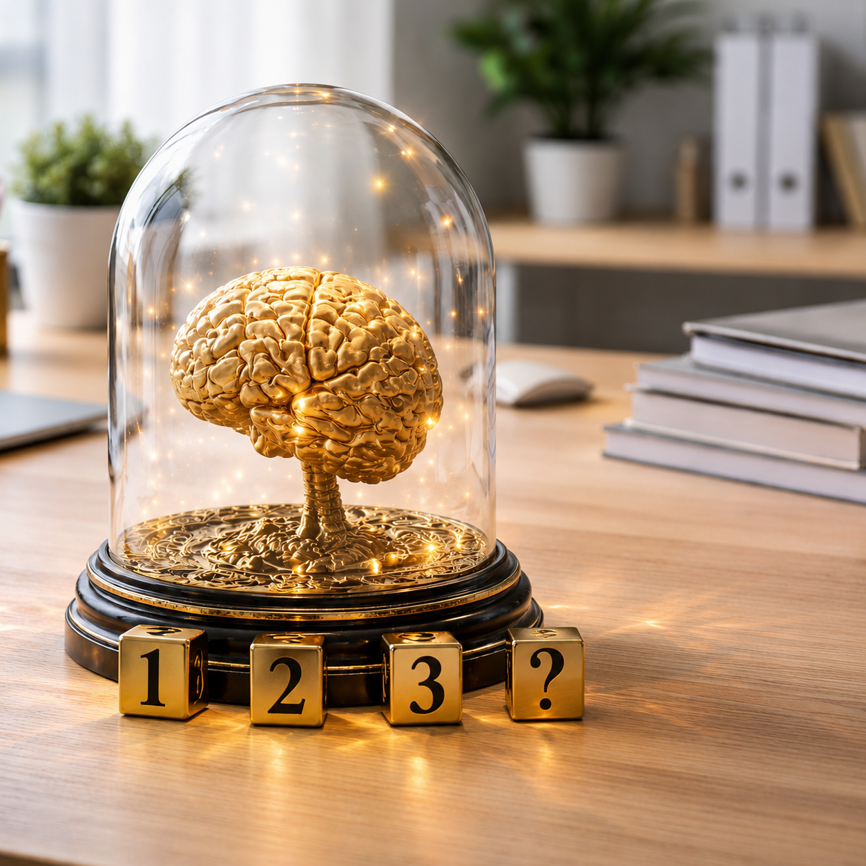Les origines de CLARTE5 : la science des anciens. Une séance CLARTE5 permet au dirigeant de résoudre 3 questions stratégiques. Un cerveau doré sous cloche de verre, prestige de la méthode.