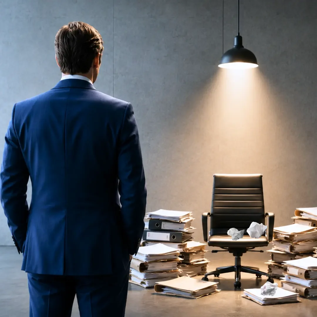 Quand le stress bloque la décision. Définition du stress décisionnel : un dirigeant de dos regarde une chaise vide, des dossiers et des papiers froissés. Impossible de décider.