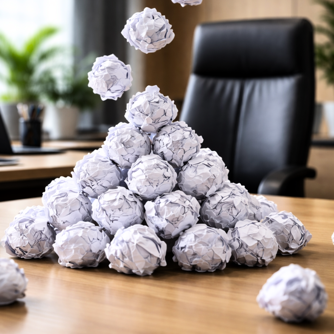 Gestion du stress au travail : quand on aggrave le stress, au lieu de le gérer. Des boules de papier froissé qui s'accumulent, sur un bureau
