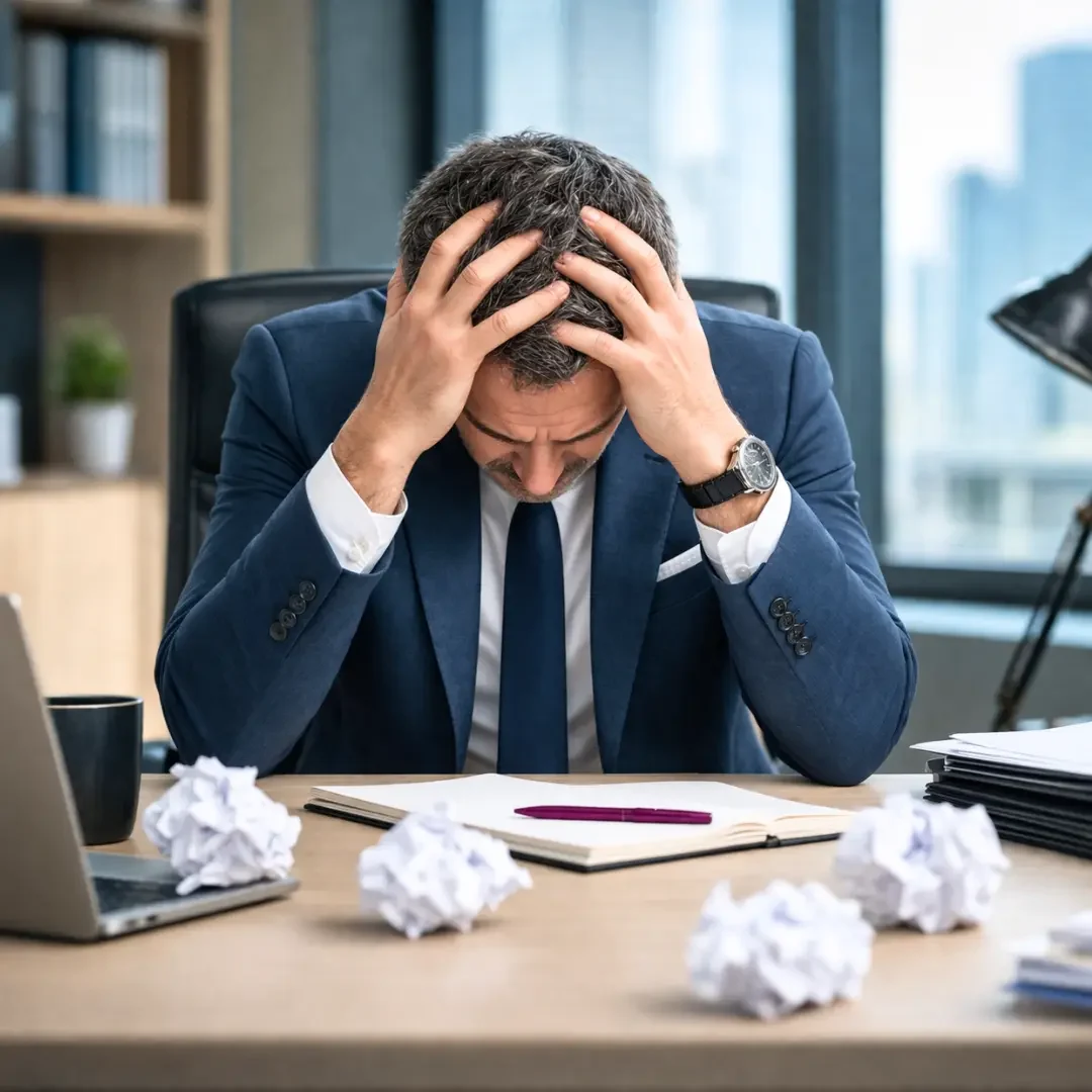 Un dirigeant soumis au stress prend des décisions dégradées. Solitude, incertitude et horaires à rallonge paralysent le dirigeant. Il se tient la tête dans son bureau, encombré de papiers froissés.