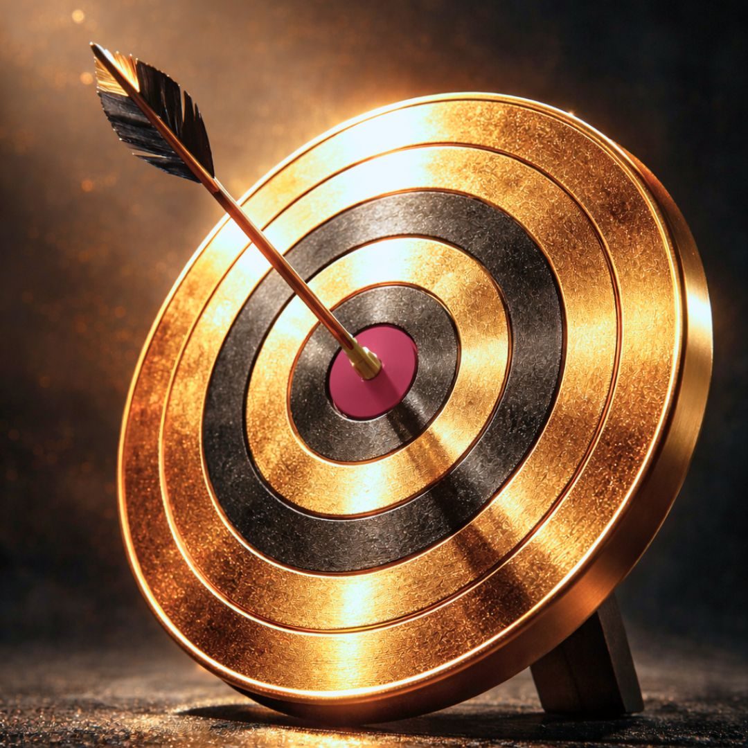 Stratégie et décision claire, immédiatement, avec la méthode Clarté 5 de prise de décision pour dirigeants. Métaphore d'une cible dorée.